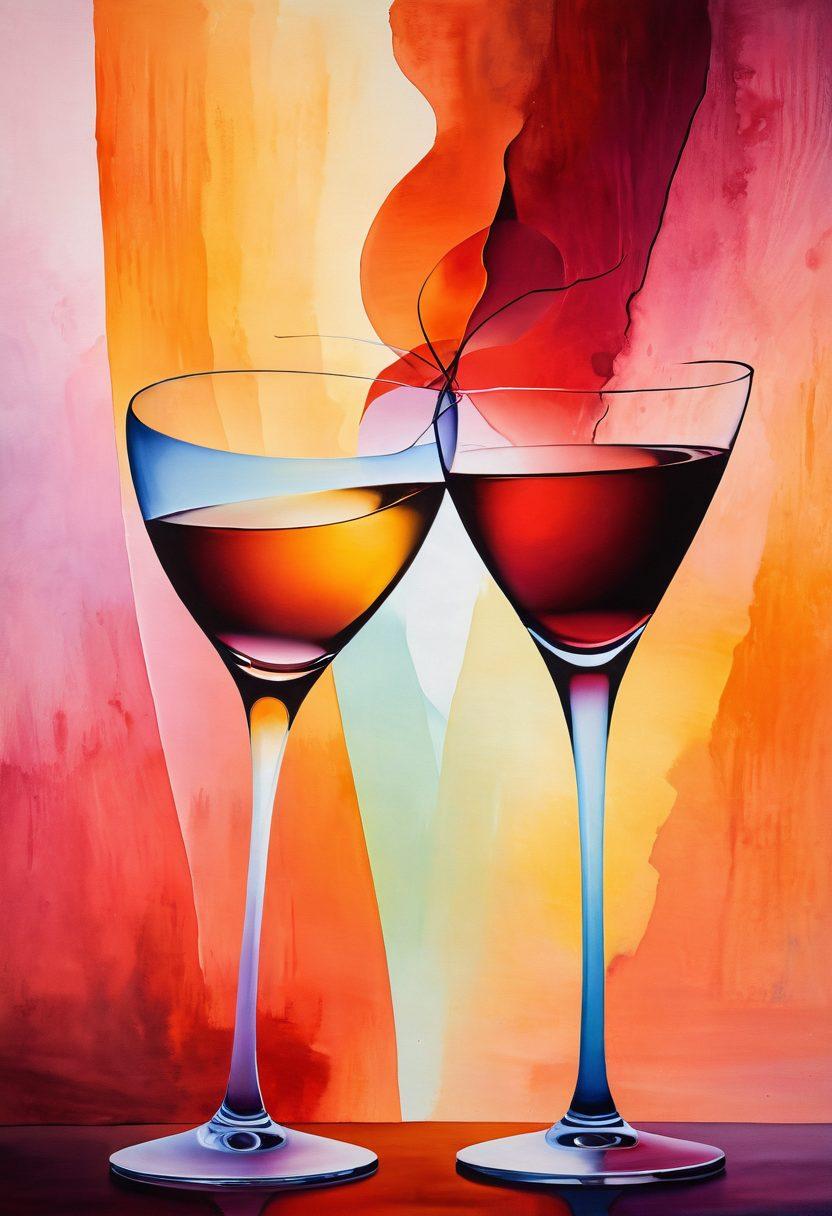 An abstract depiction of intertwined silhouettes representing passion and desire, with warm and inviting colors blending together. The background features soft gradients that evoke emotion and connection, while subtle symbols of casual encounters like a cocktail glass and a heart are integrated artistically. The overall composition should exude a sense of intimacy and exploration. vibrant colors. super-realistic.