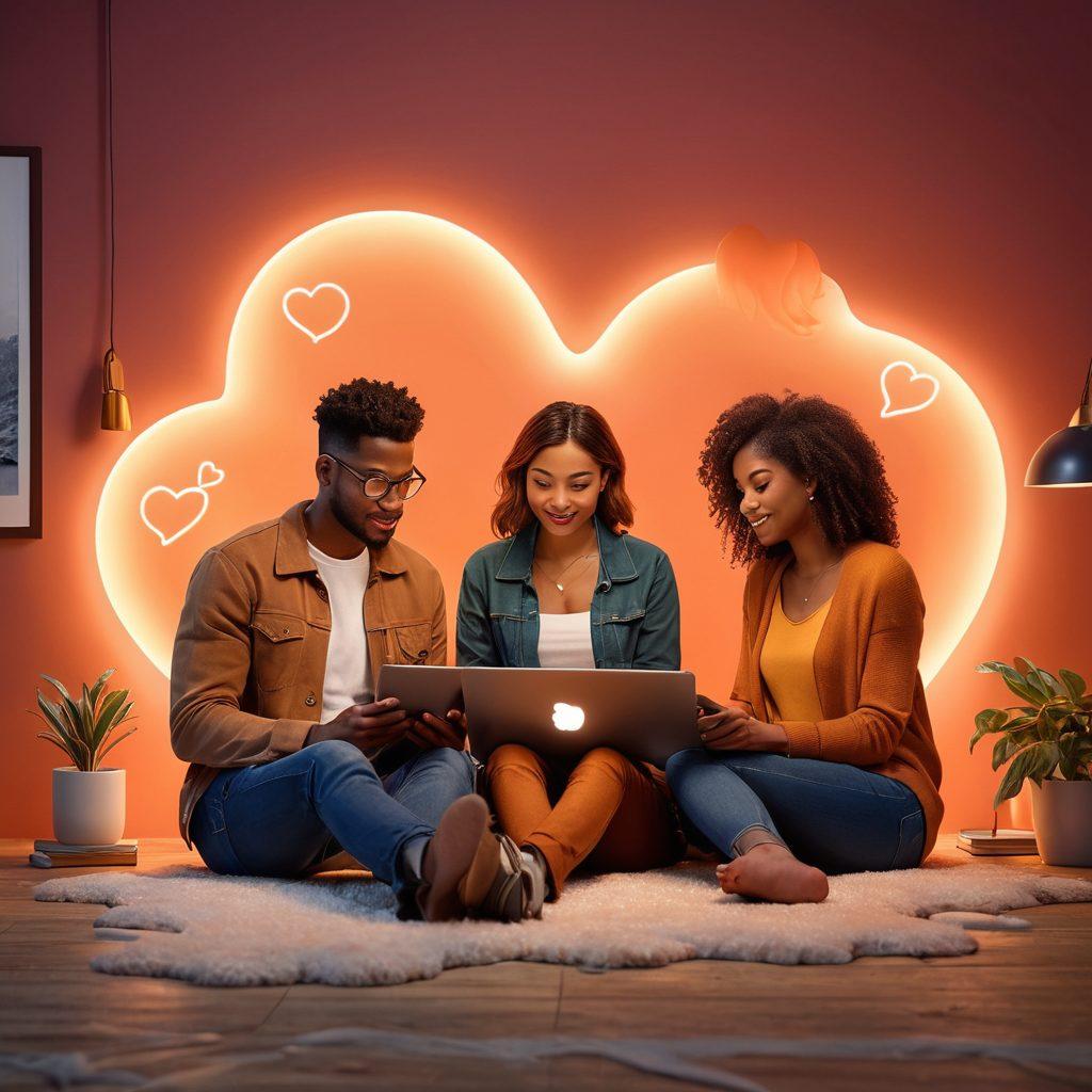 A cozy scene depicting a diverse group of people engaging in a modern dating platform on laptops and smartphones, surrounded by soft, warm lighting. Include elements like heart icons, chat bubbles, and connection symbols to emphasize intimacy and connection. The setting should have a stylish and inviting atmosphere, showcasing decor that represents diversity in relationships. super-realistic. vibrant colors. warm ambiance.